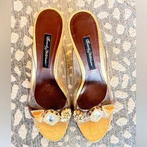 Beverly Feldman Gold and Brown Wedge Heels